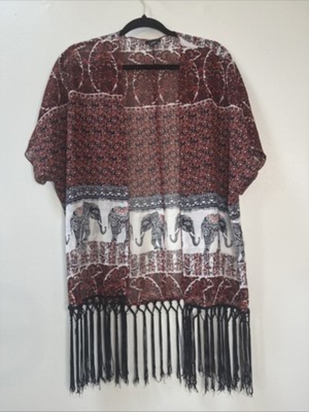 Maroon Navy Tasseled Boho Flowy Open Front Kimono Tribal Festival Coachella Look